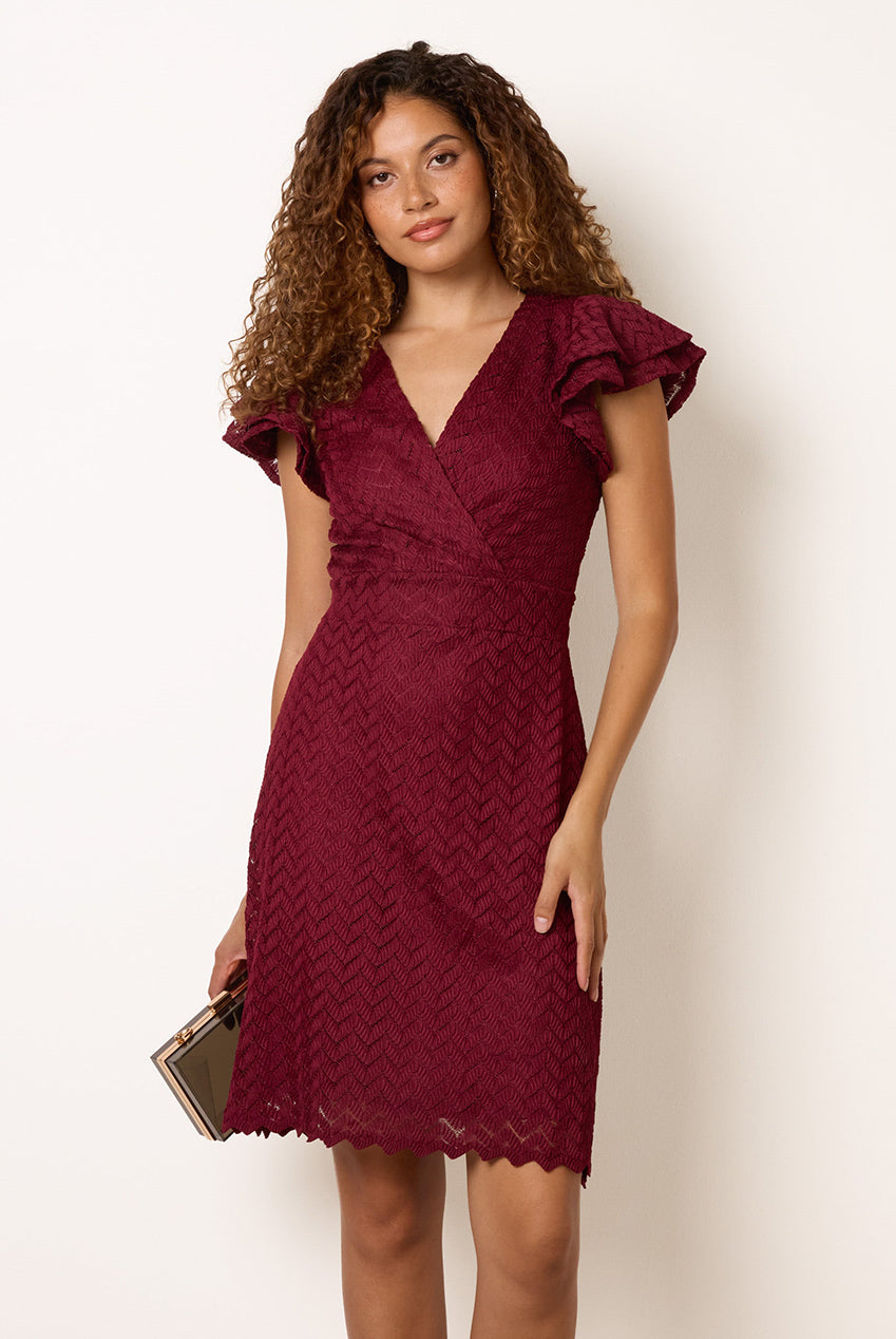 Crochet Detailed Frill Sleeve Wrap Mini Dress AW26010B034