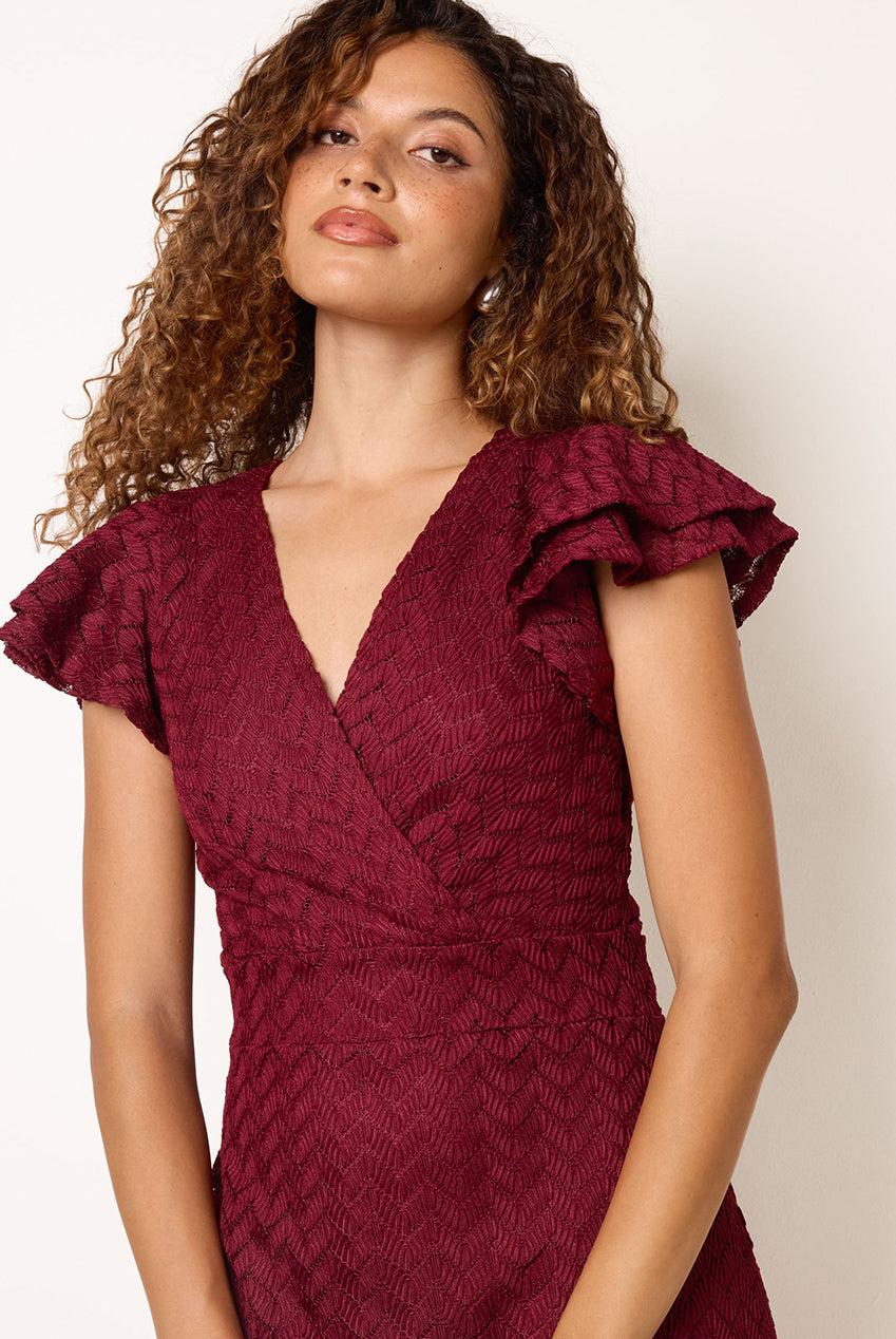 Crochet Detailed Frill Sleeve Wrap Mini Dress AW26010B034
