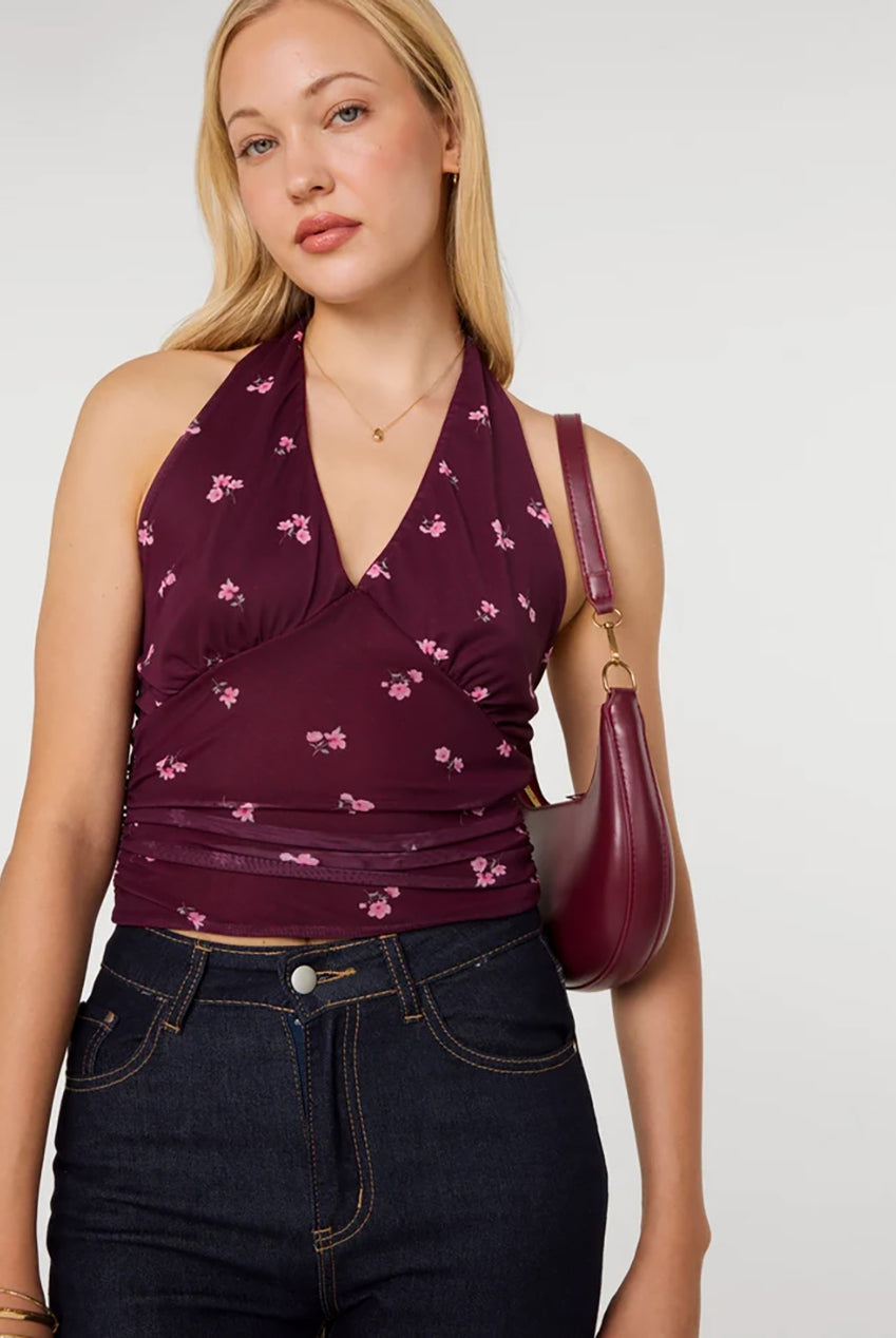 Floral Polka Dot Mesh Halter Top AW26104P090