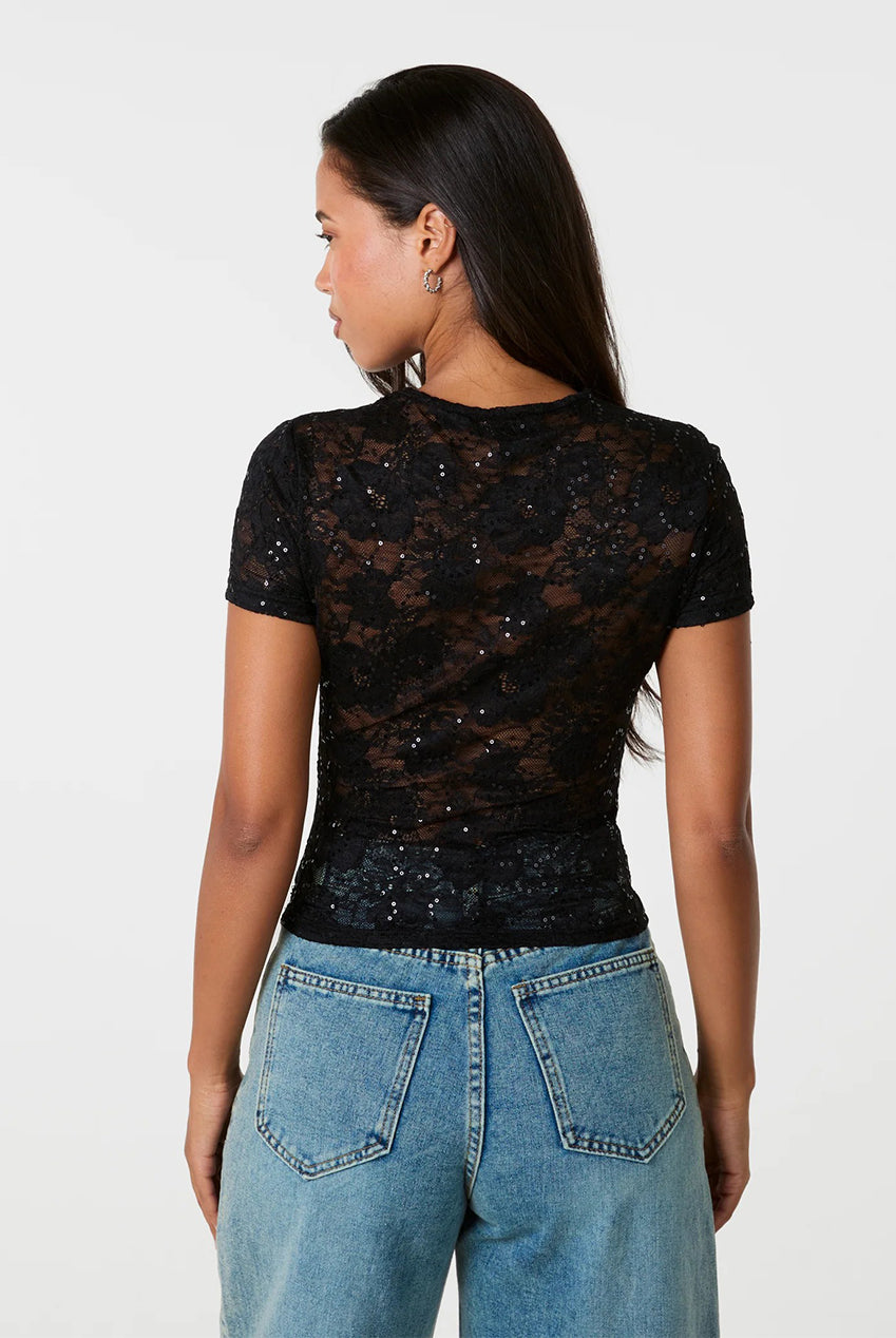 Sequin Lace Cutout Tee AW26138P003
