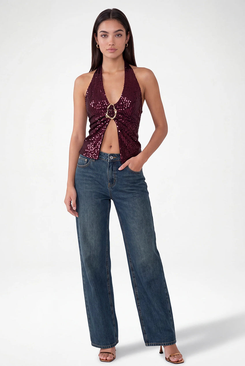 Sequin Trim Halter Top AW26216P034