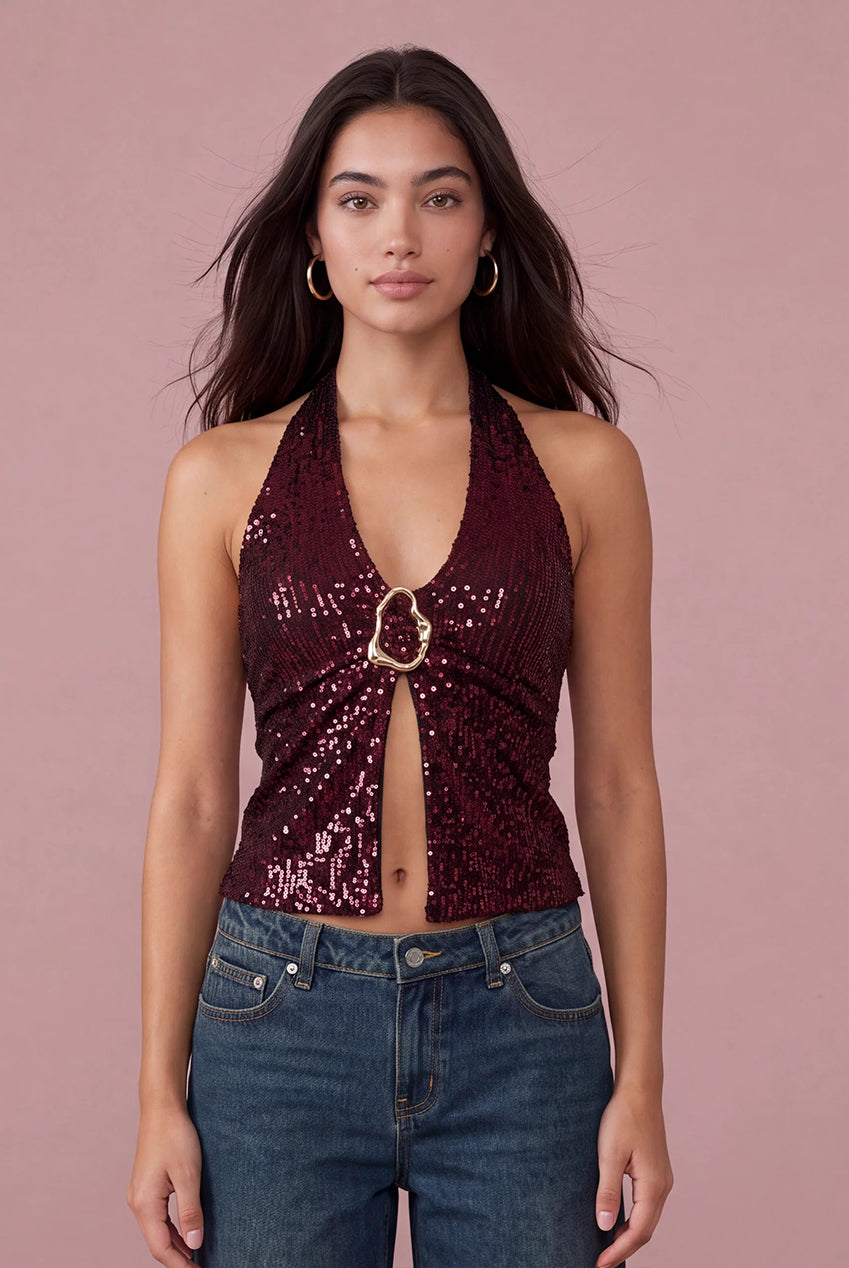 Sequin Trim Halter Top AW26216P034