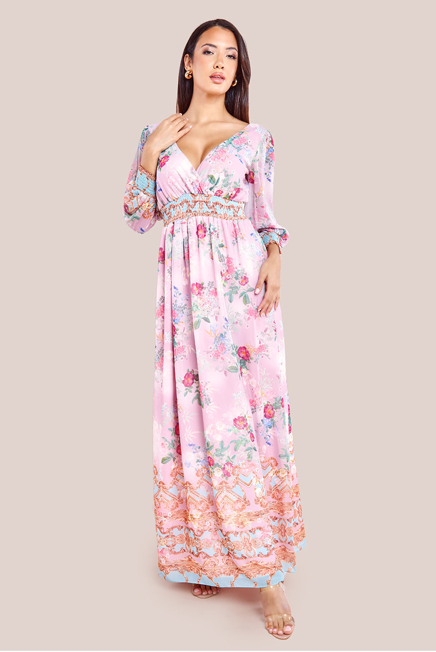 Chiffon Wrap Border Floral Print Maxi Dress - Pink DR4394