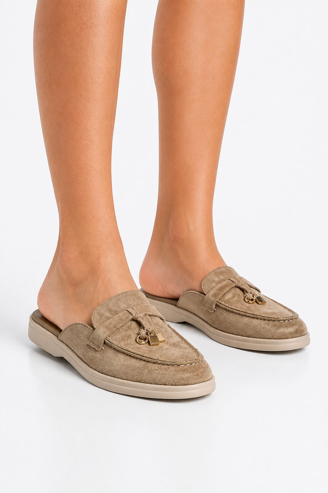 Adaloria Padlock Charm Backless Flat Loafers In Taupe Suede PANTHER2-TAUSU