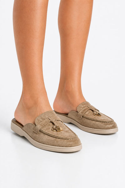 Taupe - Adaloria Padlock Charm Backless Flat Loafers In Taupe Suede by Miss Diva