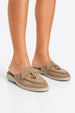 Adaloria Padlock Charm Backless Flat Loafers In Taupe Suede by Miss Diva