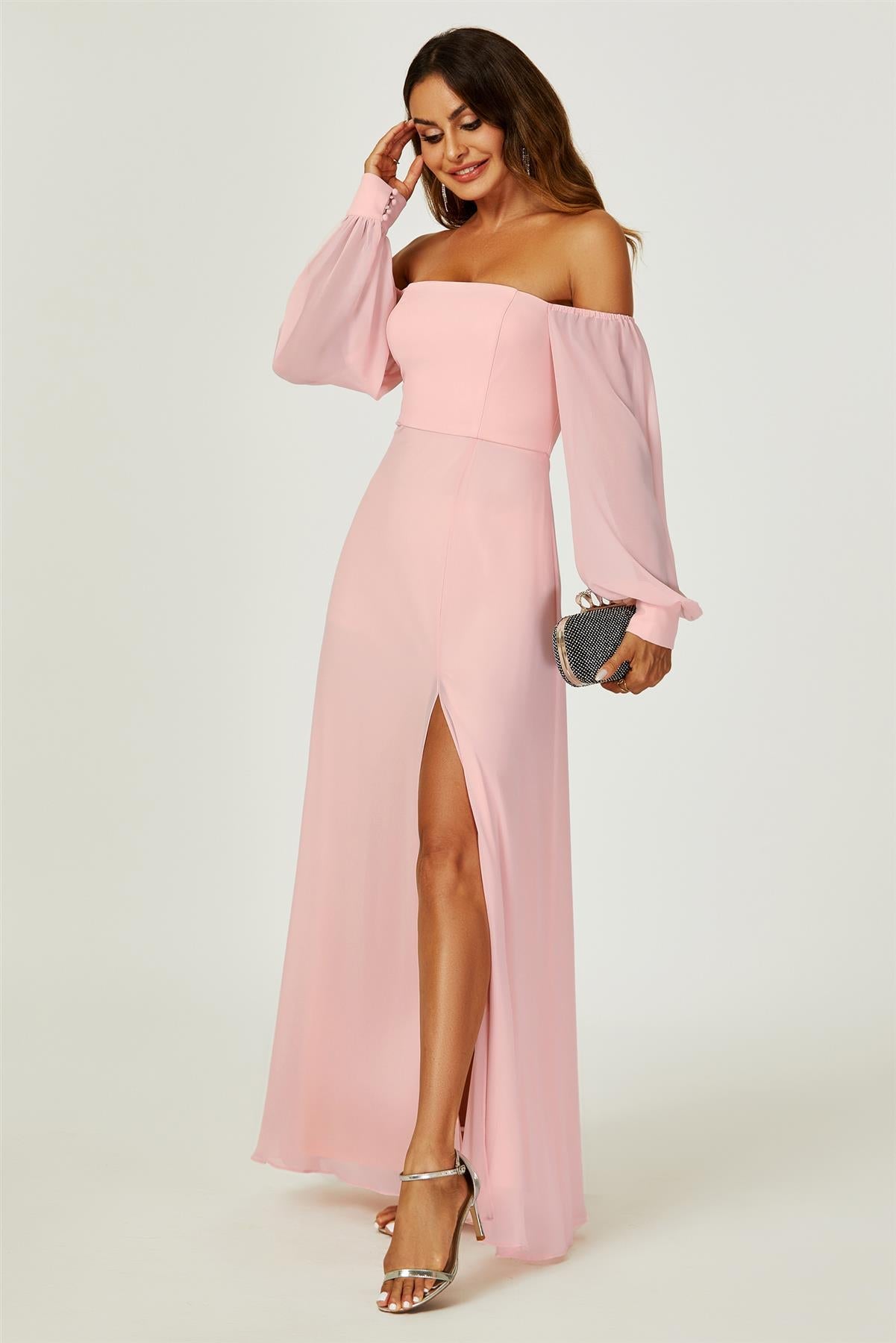 Bardot Long Sleeve Bridesmaid Dresses With High Slit In Pink FS744