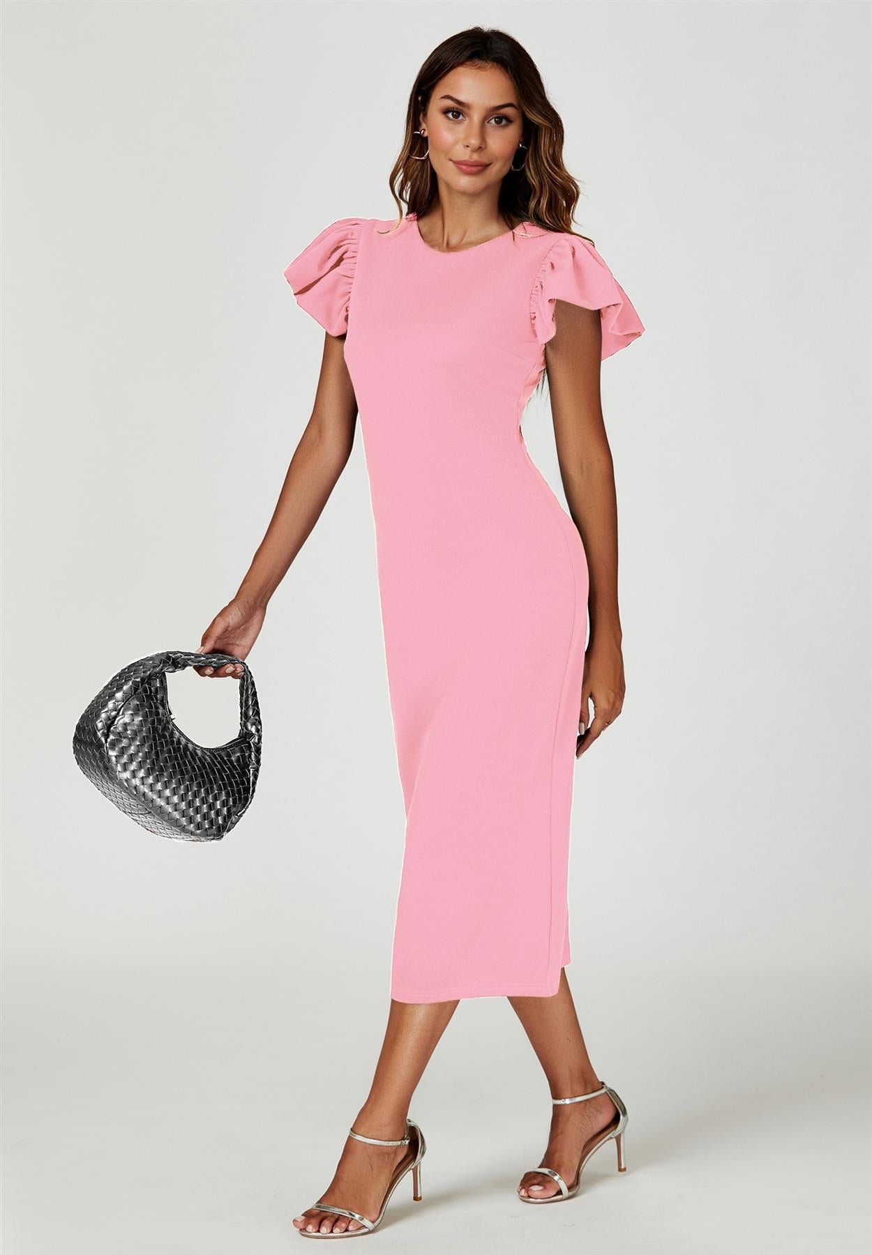 Volume Sleeve Bodycon Midi Dress In Pink FS770