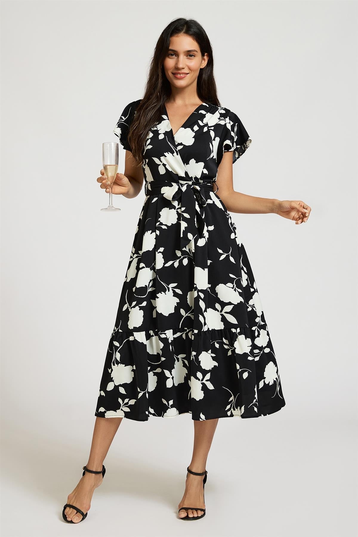 White Floral Print Wrap Top Belted Midi Dress In Black FS989
