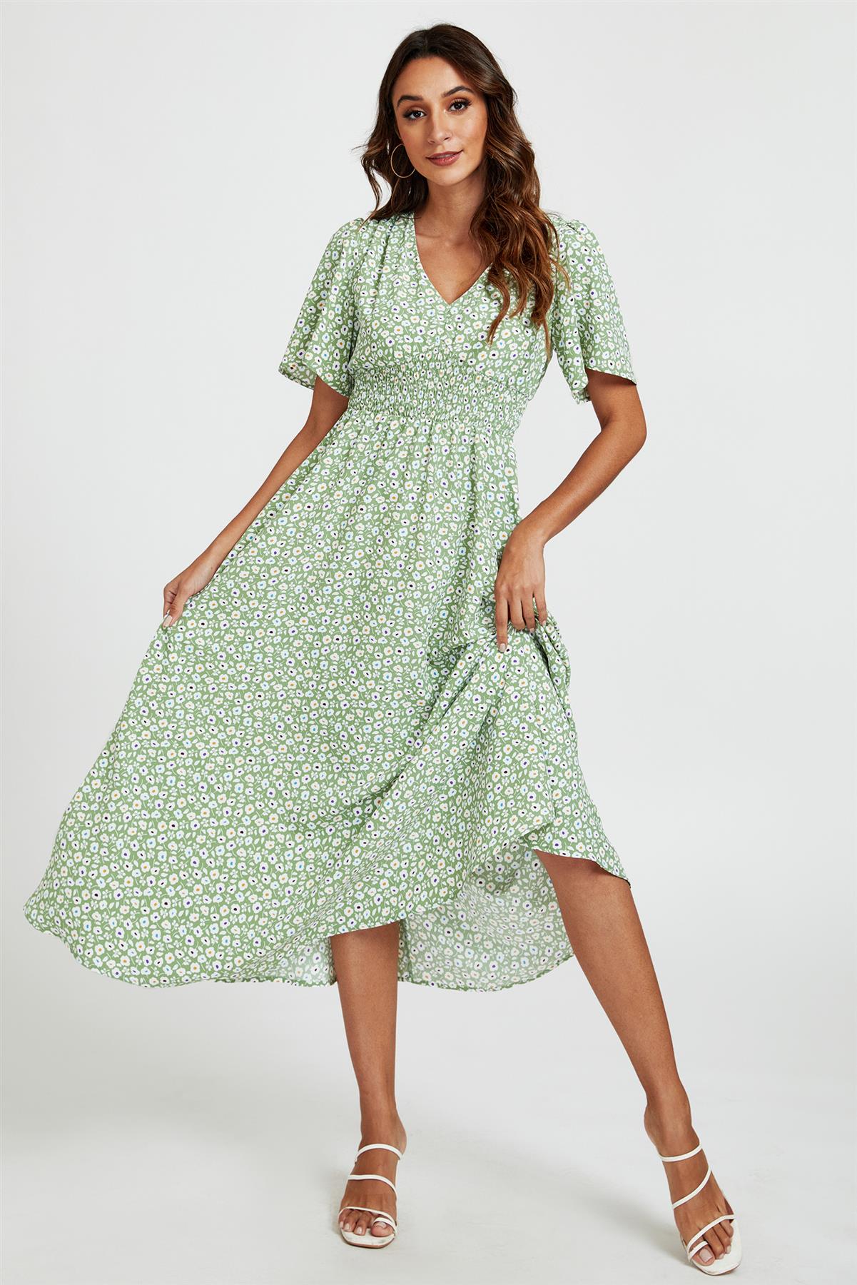 Multi Floral Print V Neck Midi Dress In Green FS763-GMF