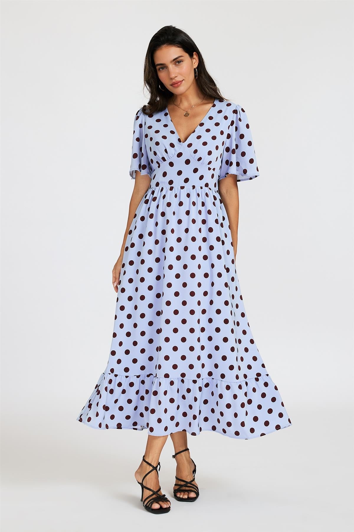 Polka Dot Print Angel Sleeve V Neck Frill Hem Midi Dress In Blue FS939