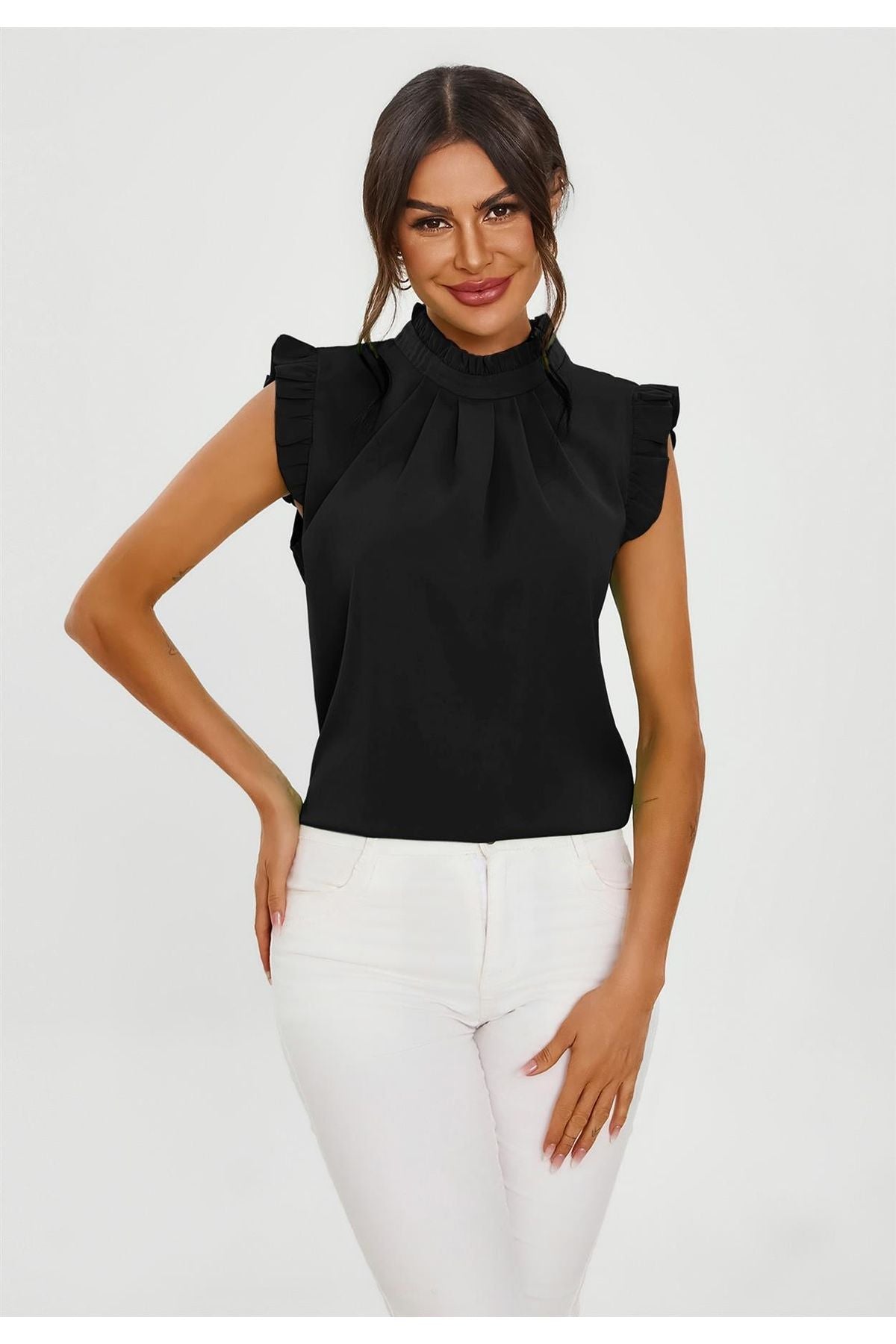 Frill Trim Sleeve High Neck Blouse Top In Black FS656