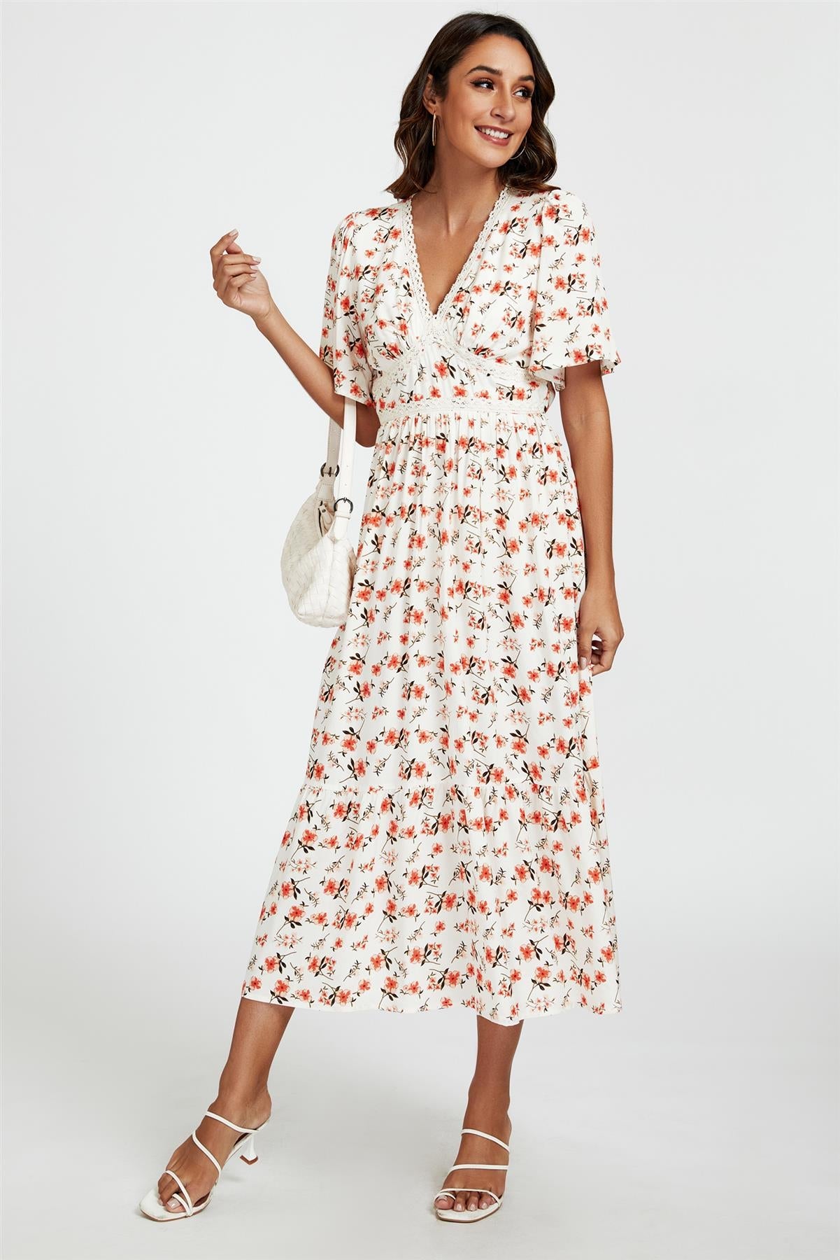 Red Floral Print Lace Detail Angel Sleeve Midi Dress In Cream FS661-WhiteRed