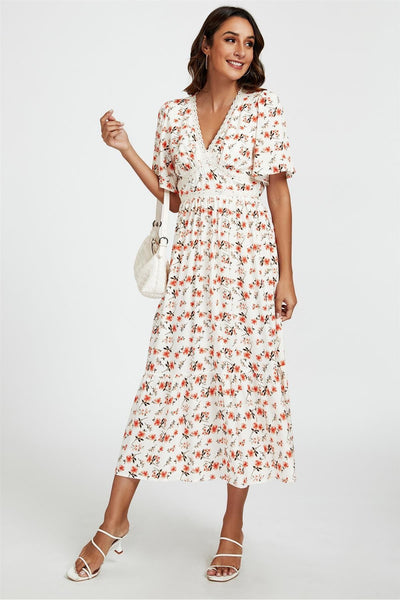 Cream - Red Floral Print Lace Detail Angel Sleeve Midi Dress In Cream by FS Collection