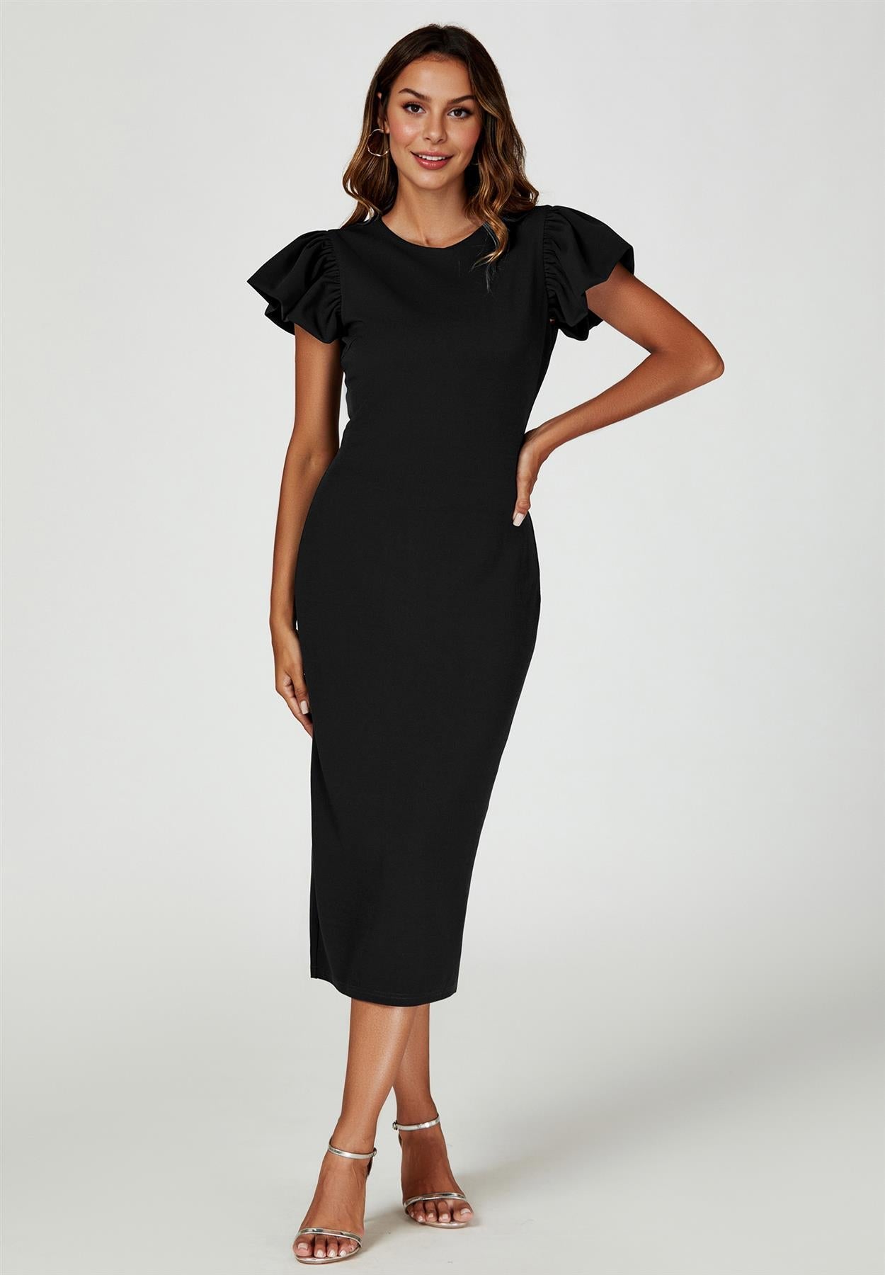 Volume Sleeve Bodycon Midi Dress In Black FS770-Black