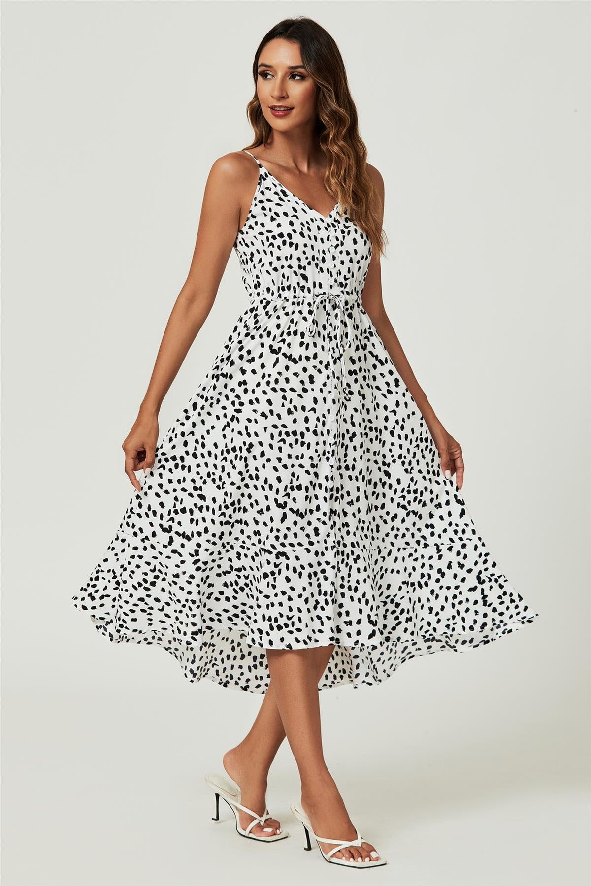 Button Down High Low Strappy Dress In White FS238-WhiteLeopard