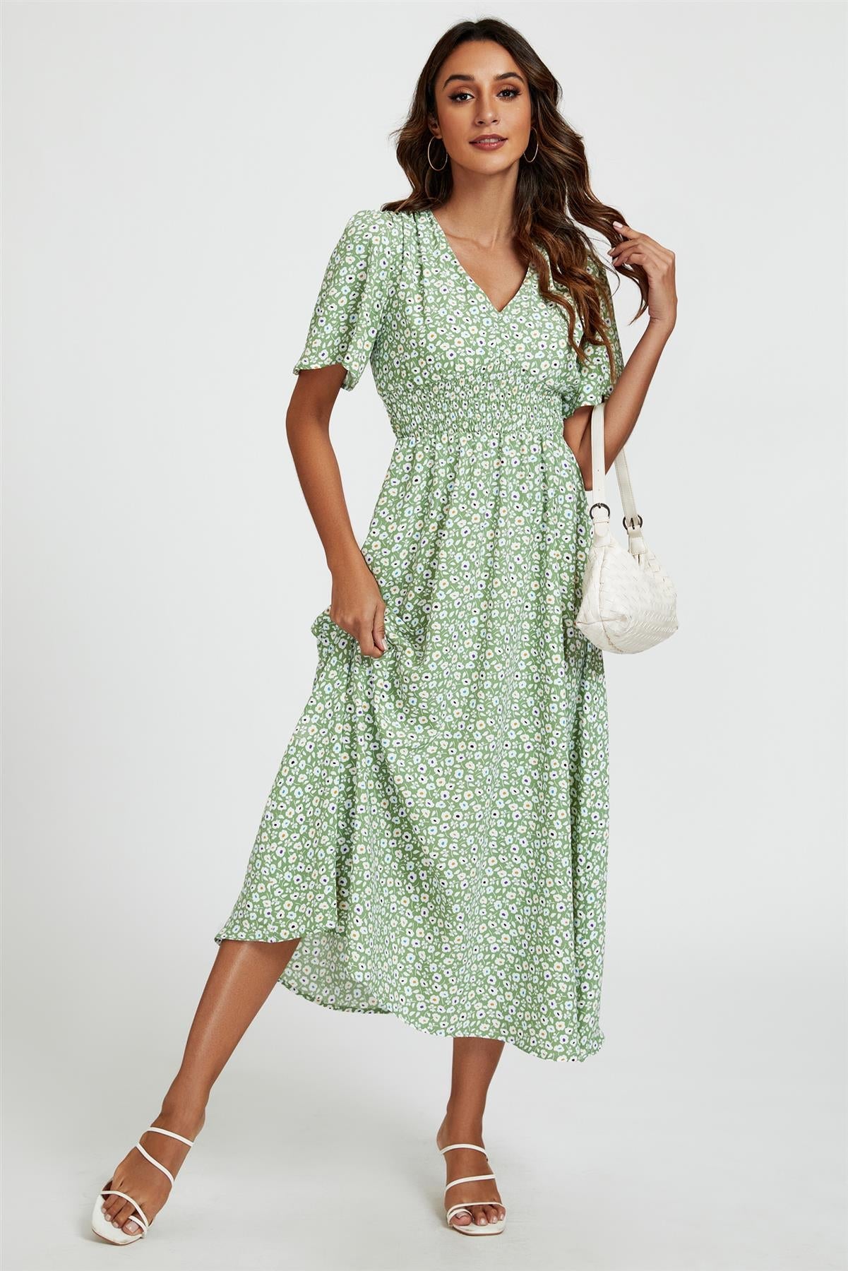 Multi Floral Print V Neck Midi Dress In Green FS763-GMF