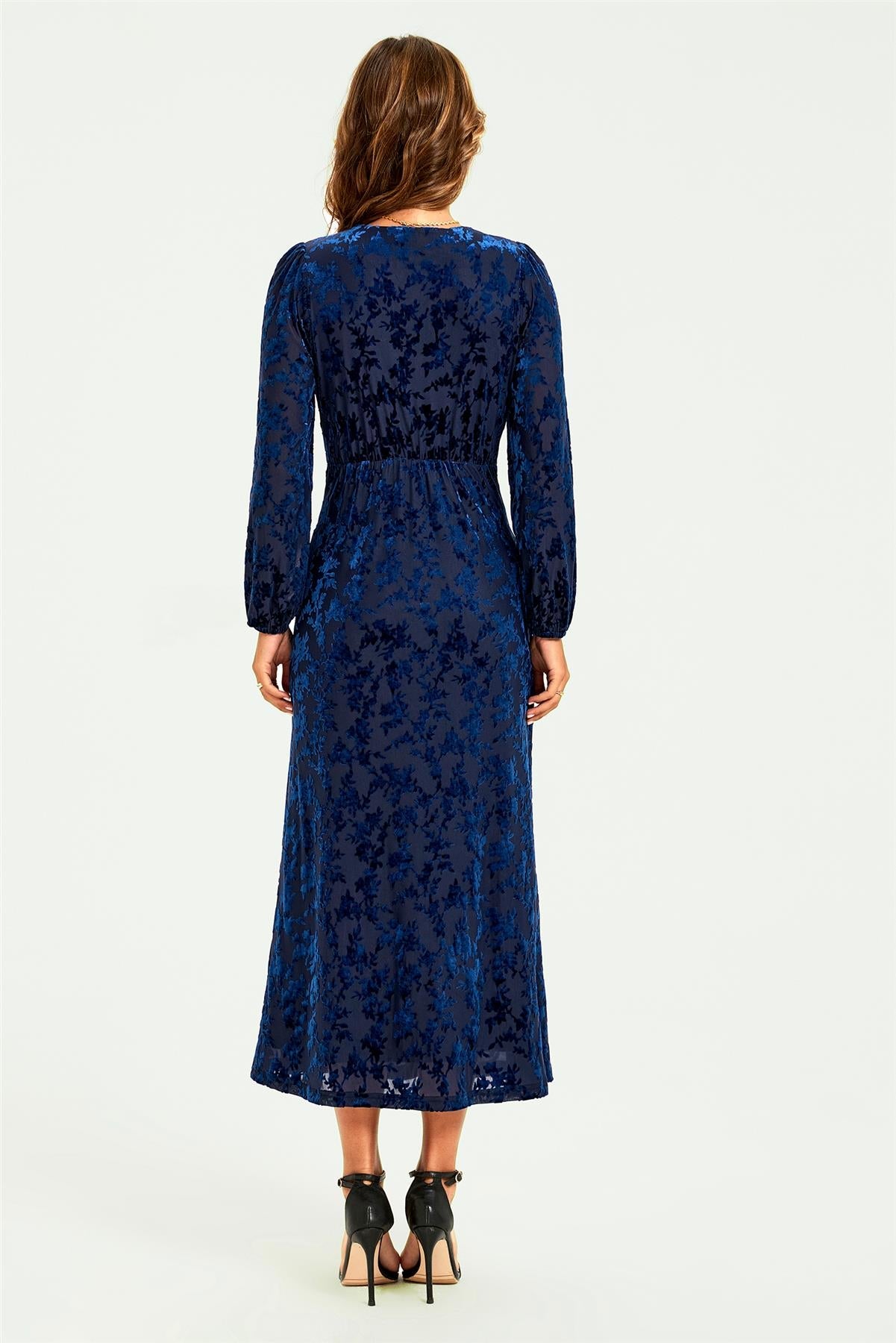 Floral Velvet Devore Lace Trim Neckline Midi Dress In Navy FS903-NVF