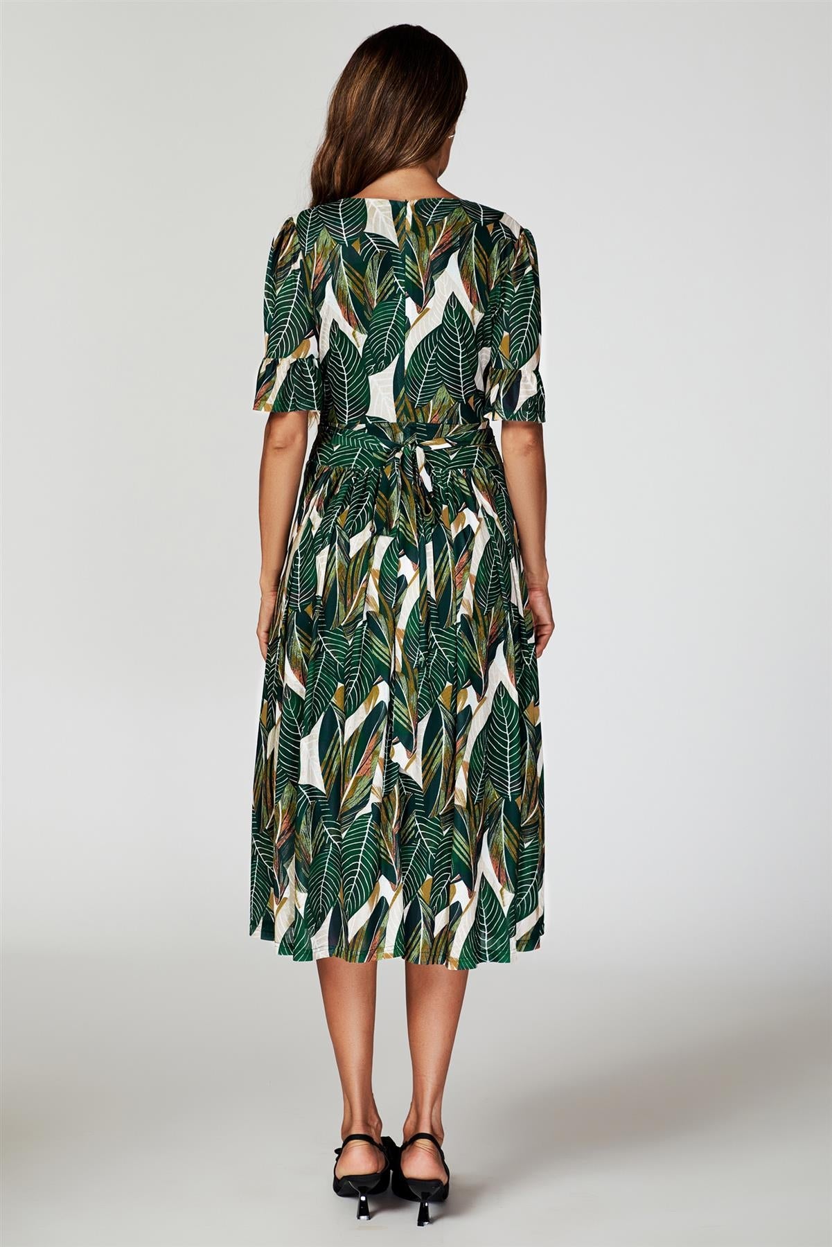 Leaf Print Mesh Midi Dress In Green FS739