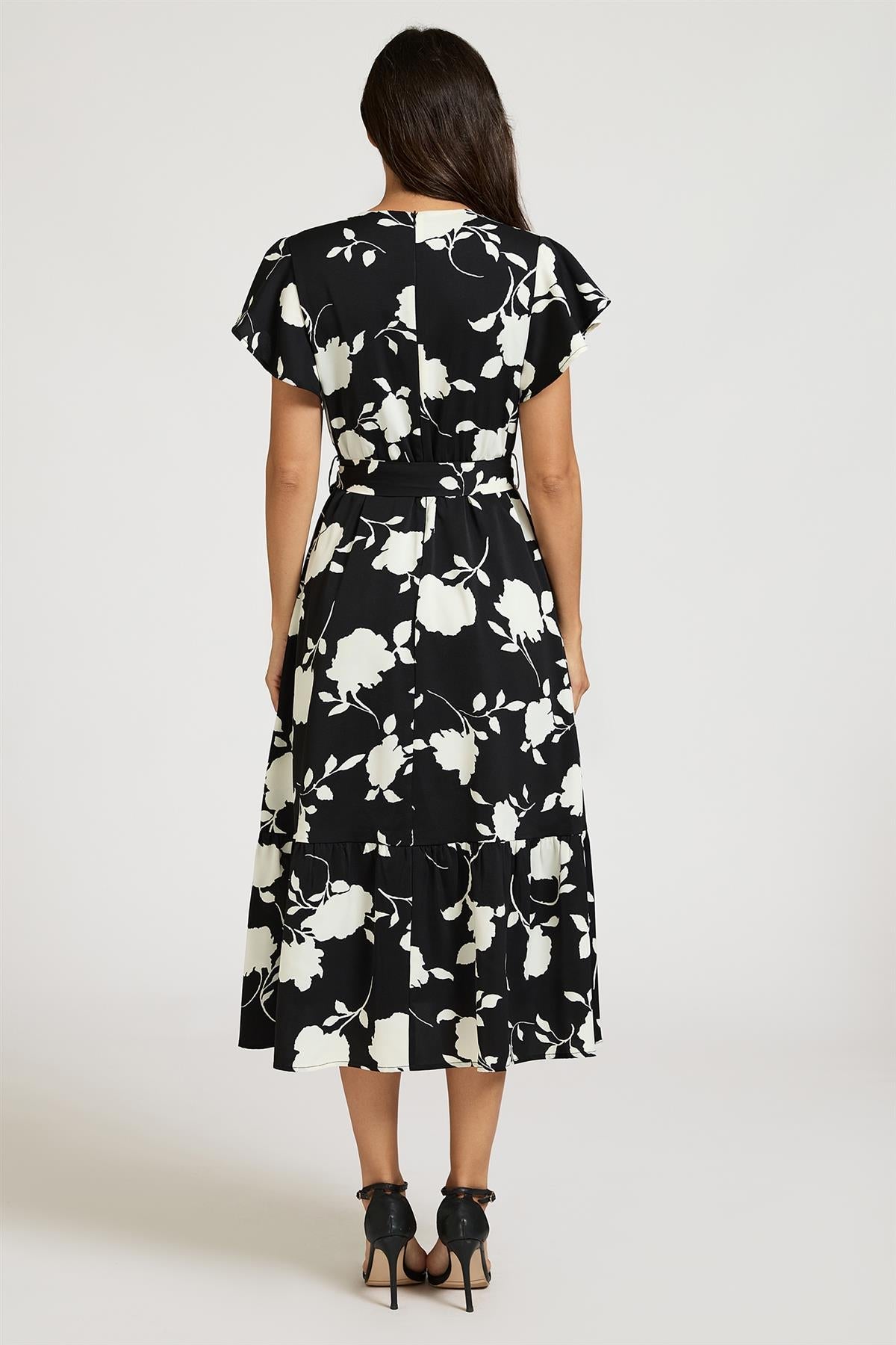 White Floral Print Wrap Top Belted Midi Dress In Black FS989