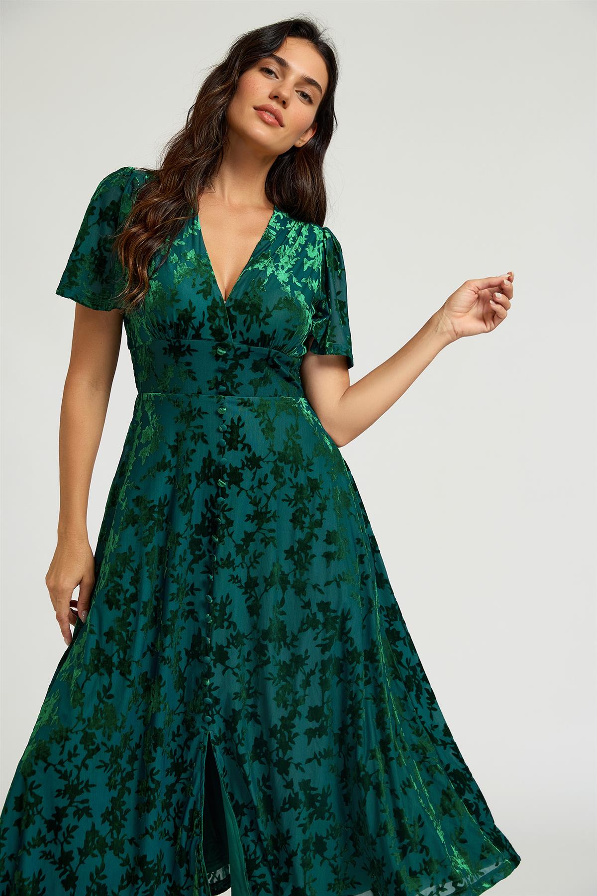 Floral Velvet Devore V Neckline Dress In Green FS909