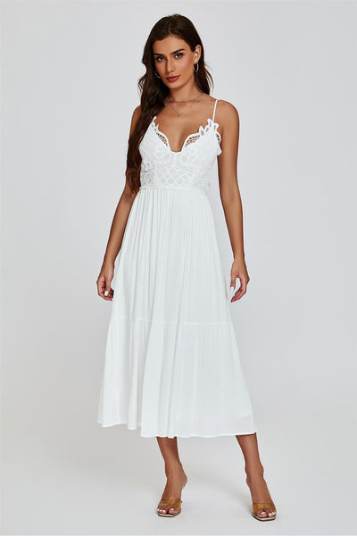 White - Lace Top Maxi Dress In White by FS Collection