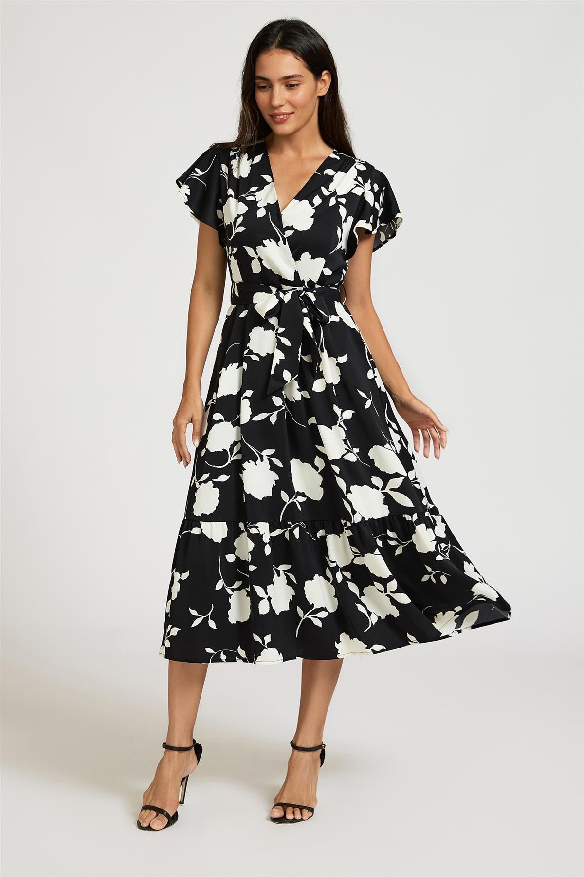 White Floral Print Wrap Top Belted Midi Dress In Black FS989
