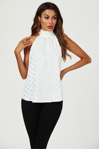 White - Silver Foil Halter Neck Tie Back Top In White by FS Collection