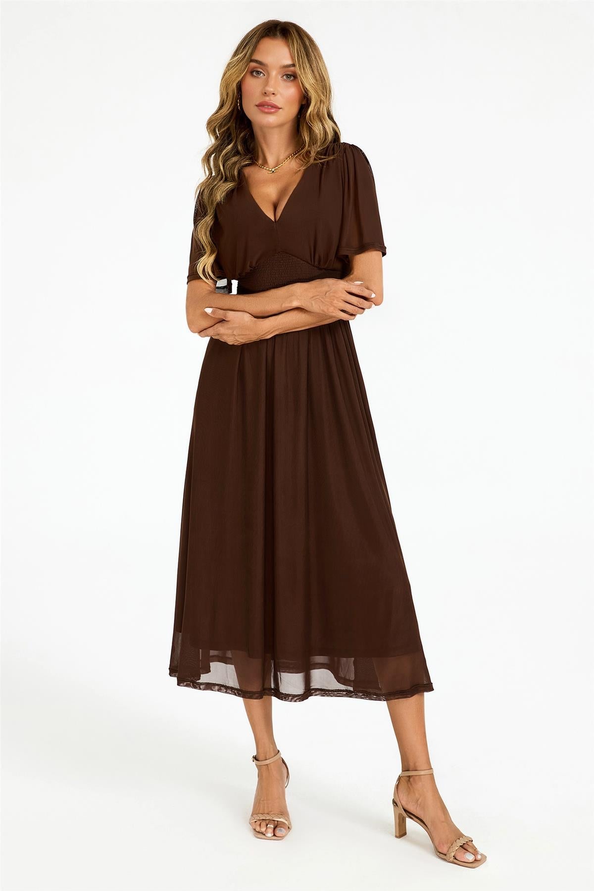 Flutter Sleeve Mesh Midi Dress In Brown FS972