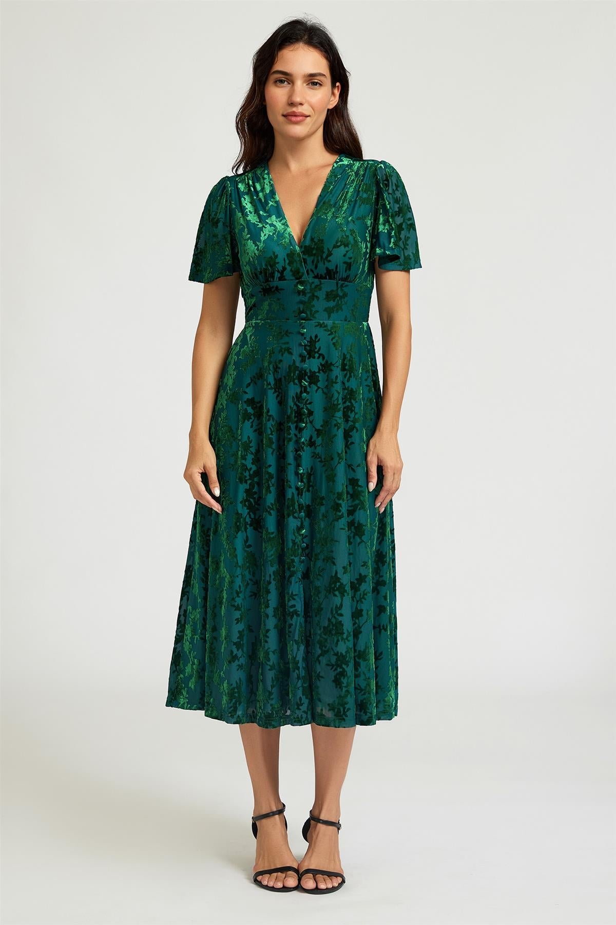 Floral Velvet Devore V Neckline Dress In Green FS909