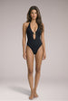 Black Plunge One-Piece Swimsuit With Gold Detail by Little Nooks