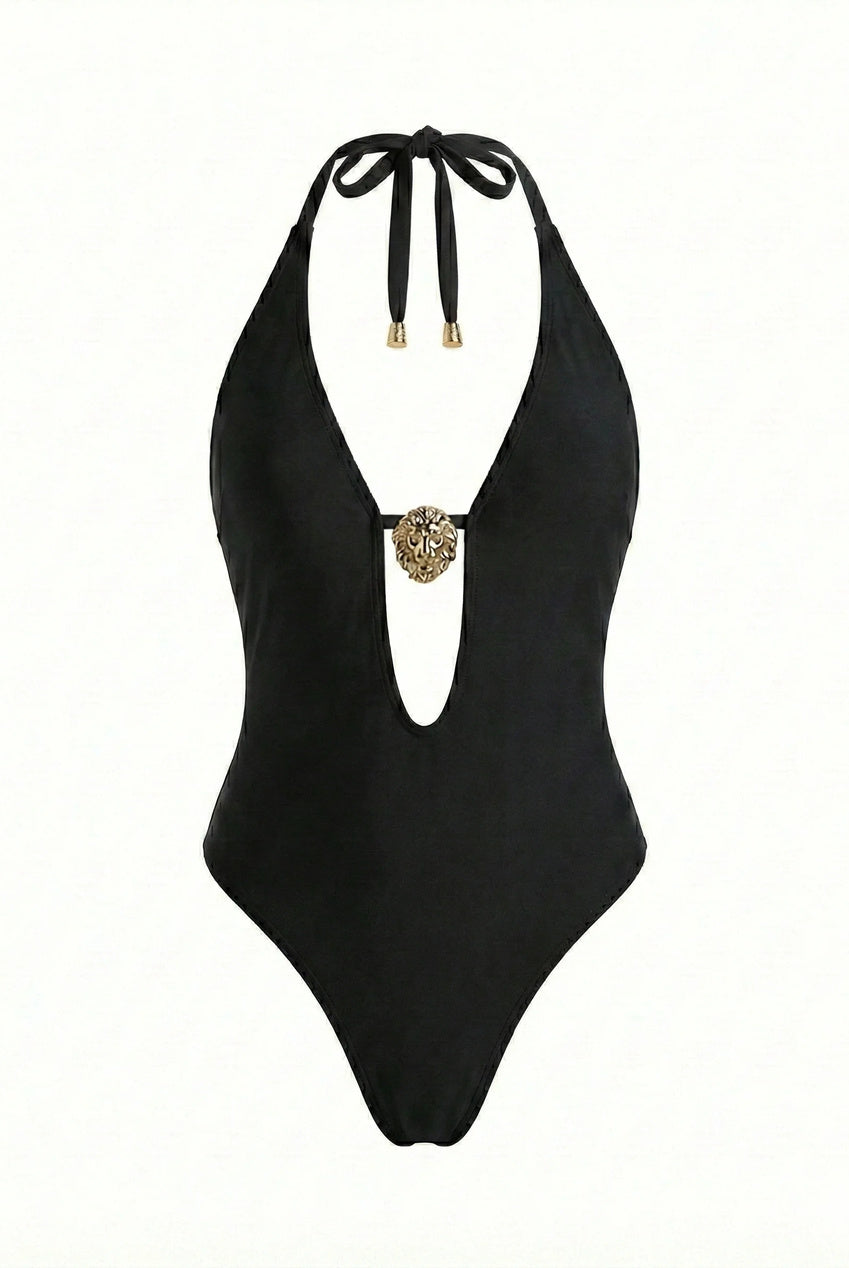 Black Plunge One-Piece Swimsuit With Gold Detail LN7656-SWIM