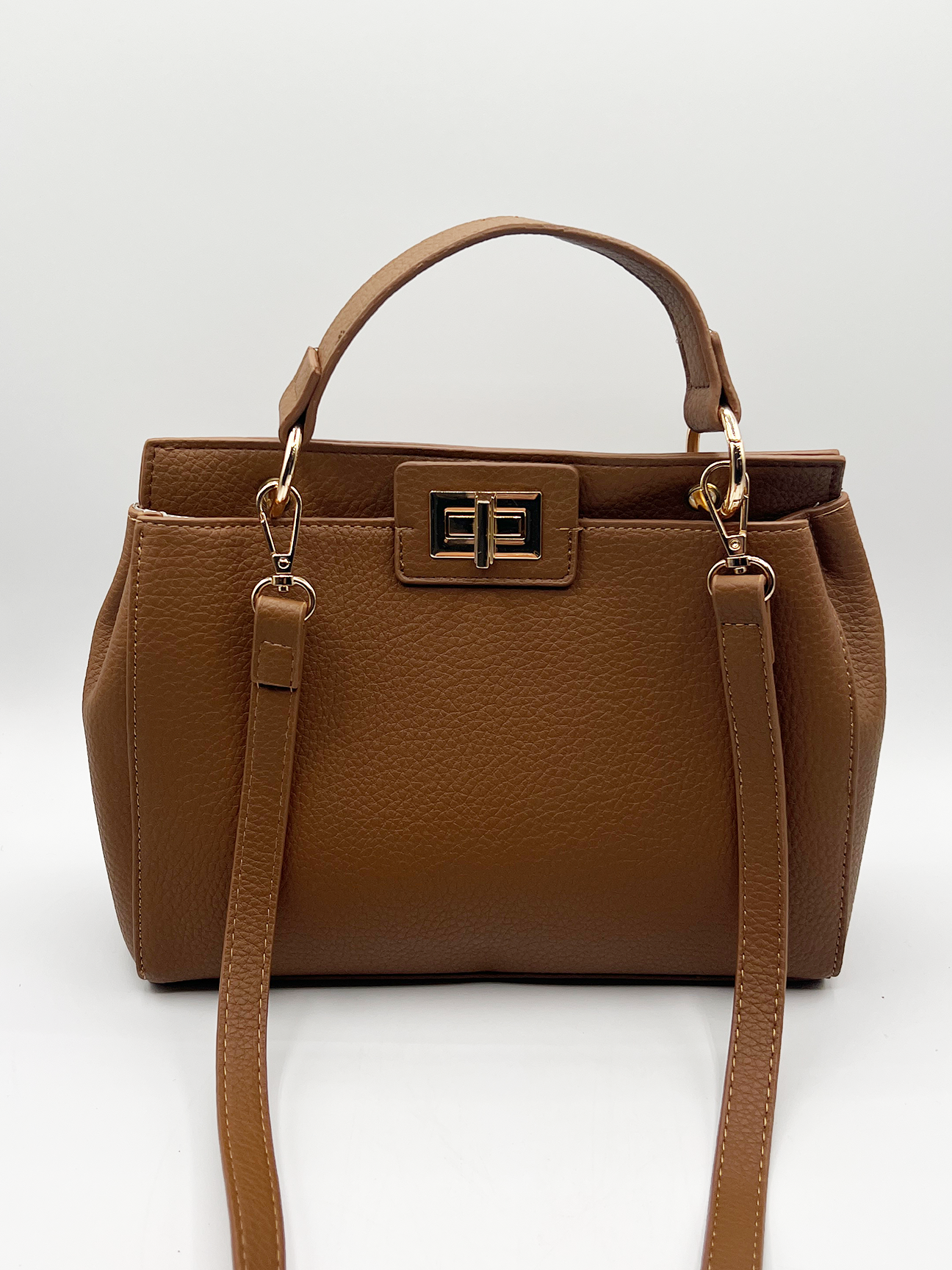 Brown Faux Leather Handbag With Gold Trim HB324606
