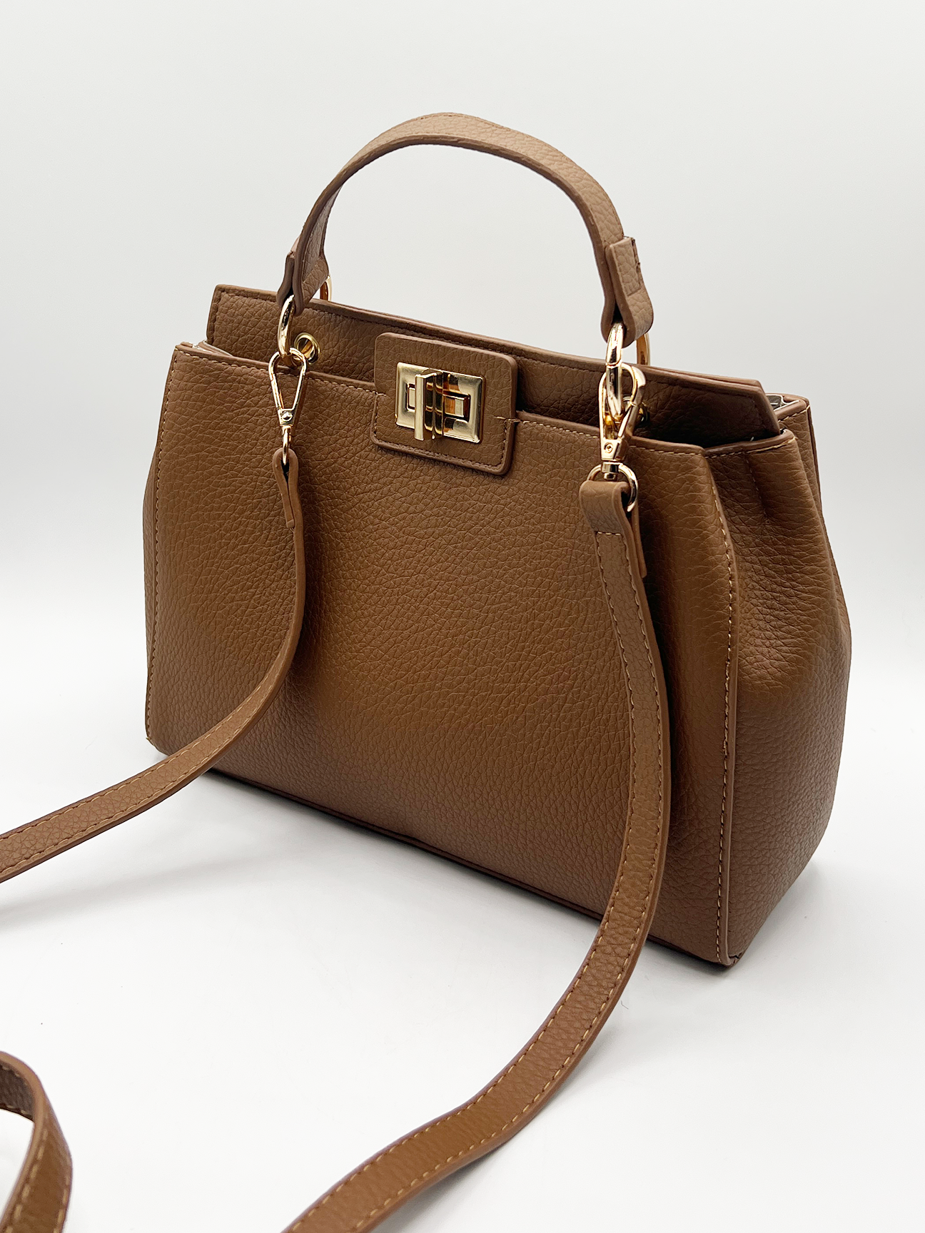 Brown Faux Leather Handbag With Gold Trim HB324606