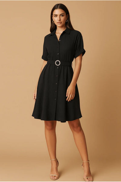 Black - Black Stylish Circle Buckle Waist Belt Collared A-Line Dress by Avinci