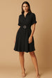 Black Stylish Circle Buckle Waist Belt Collared A-Line Dress by Avinci