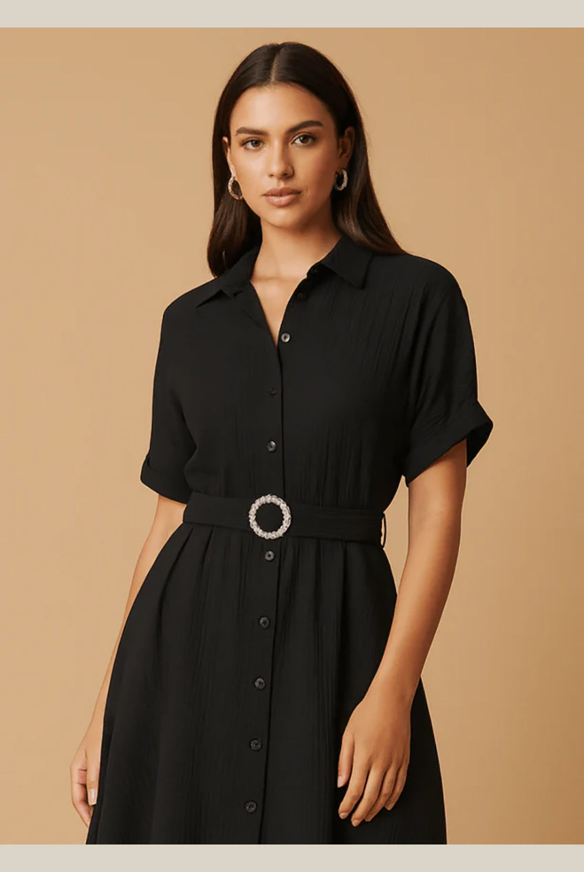 Black Stylish Circle Buckle Waist Belt Collared A-Line Dress AV-IMD2505BLK