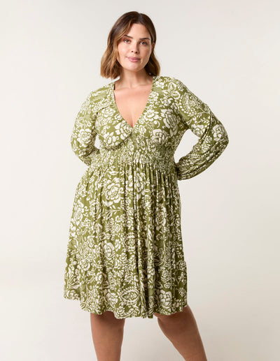 Khaki - Curve Shirred Neck Elastic Mini Dress by Blue Vanilla