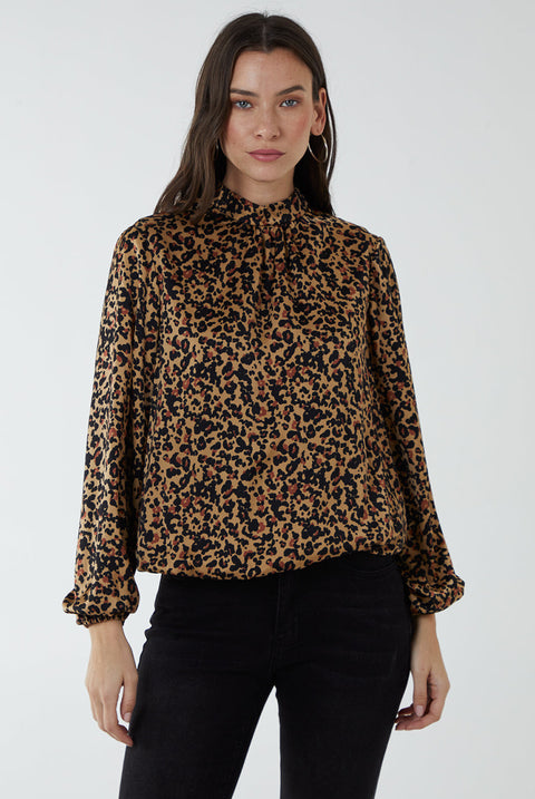 High Neck Leopard Print Satin Blouson Top by Blue Vanilla