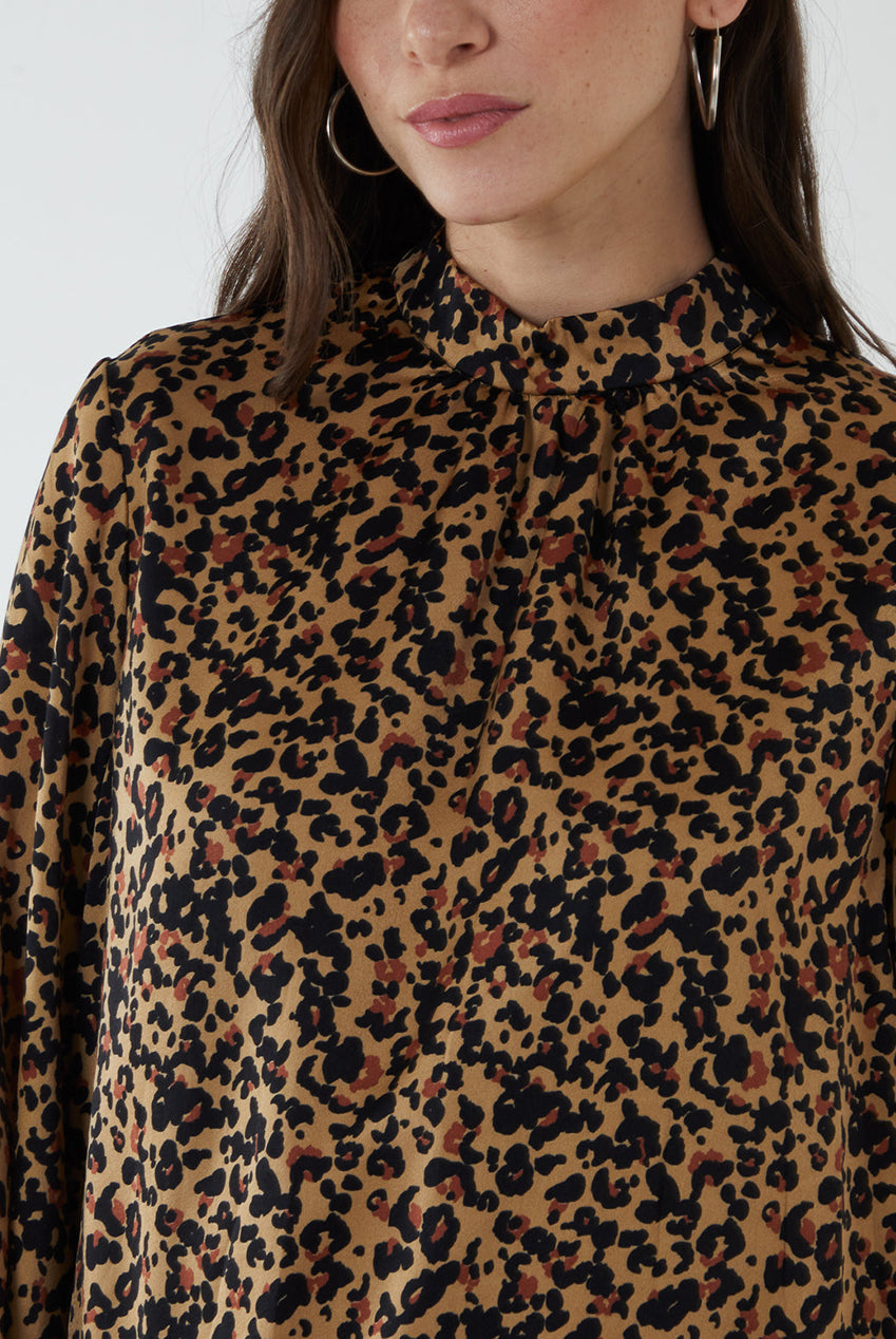 High Neck Leopard Print Satin Blouson Top BV222407025