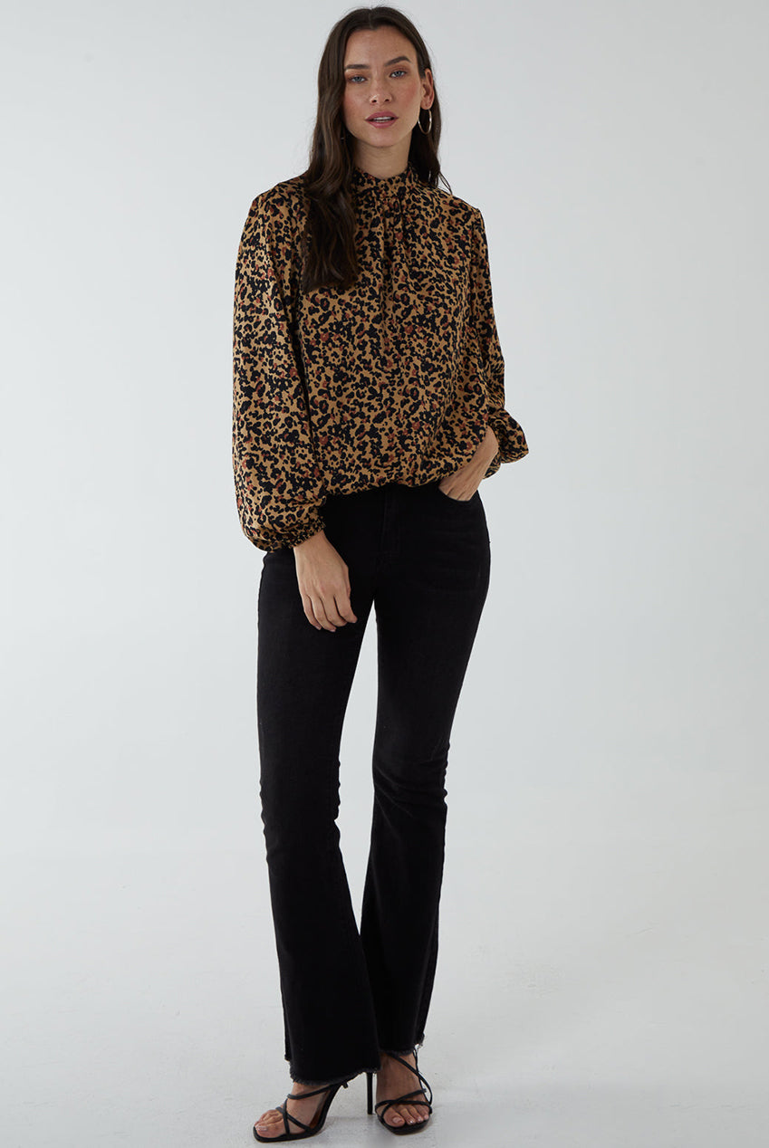 High Neck Leopard Print Satin Blouson Top BV222407025