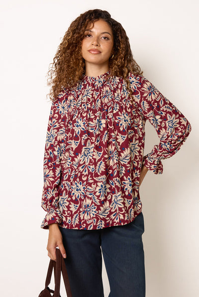 Burgundy - Frill Neck Smock Top by Blue Vanilla