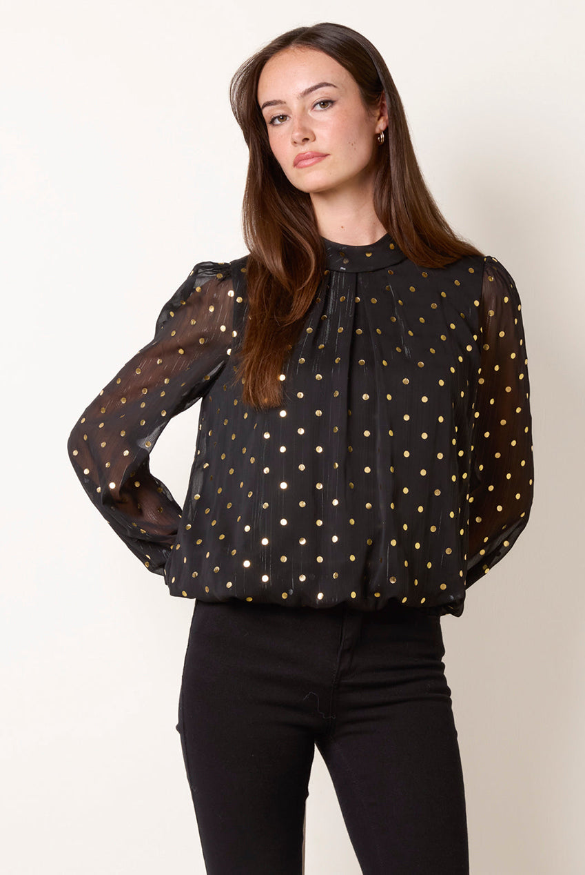 Metallic Polka Dot Puff Ball Blouse BV261416003
