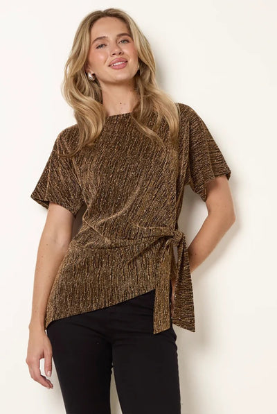 Gold - Side Tie Rhinestone Jacquard Top by Blue Vanilla