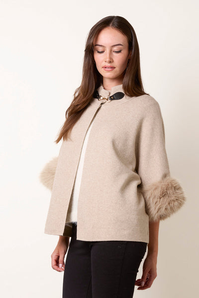 Beige - Faux Fur Cuff Funnel Neck Poncho by Blue Vanilla
