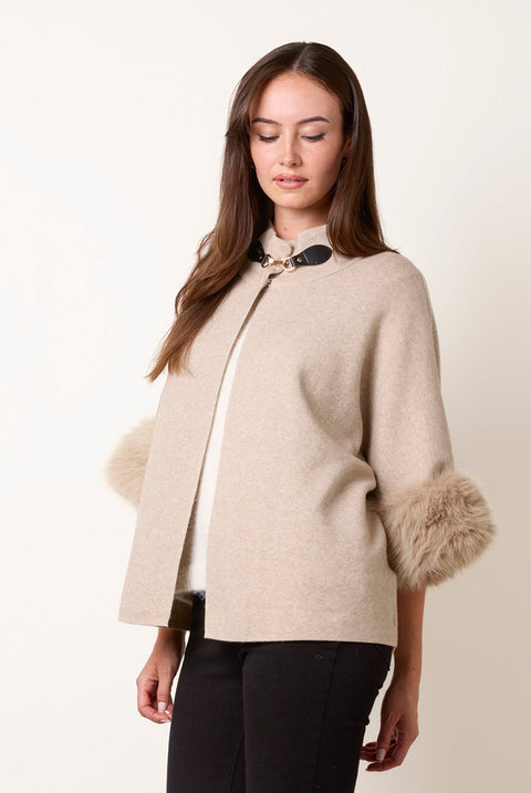 Faux Fur Cuff Funnel Neck Poncho by Blue Vanilla