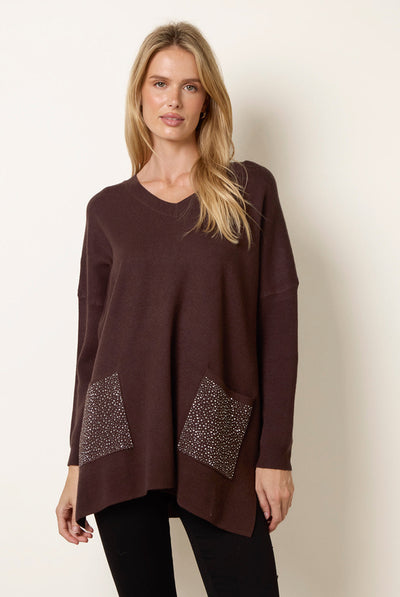 Chocolate - Diamante Pocket Knit Jumper by Blue Vanilla