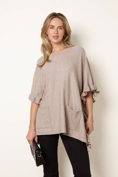 Beige - Frill Detail Pocket Cape by Blue Vanilla