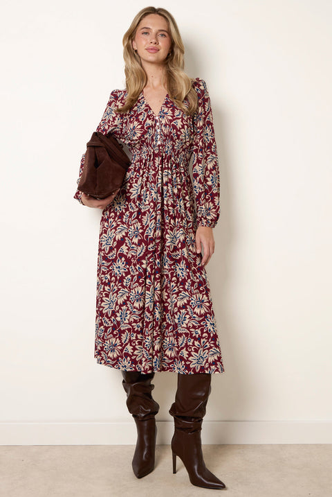 V Neck Elasticated Midi Dress by Blue Vanilla
