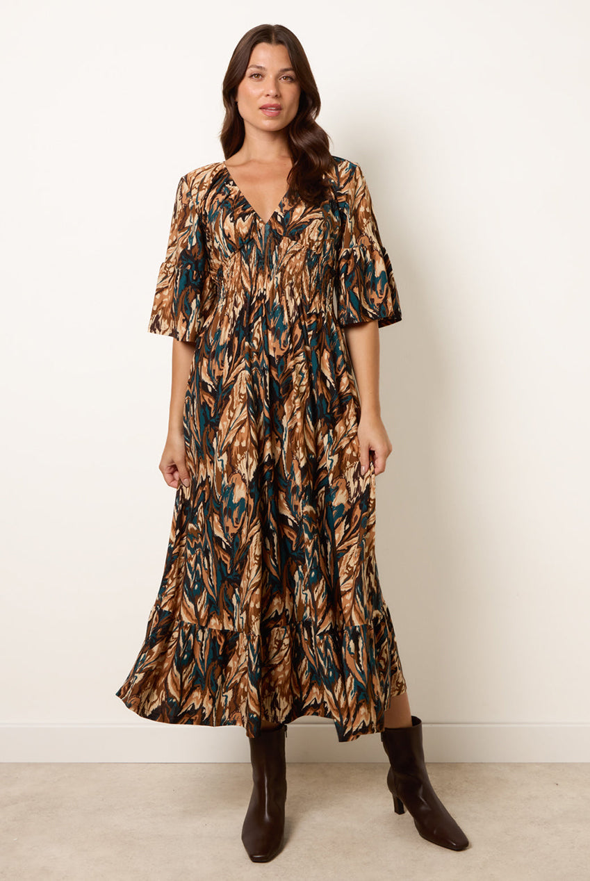 Elasticated Shirred Waist V Neck Midi Dress BV261812030